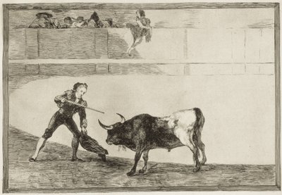 GOYA Y LUCIENTES, Francisco de (1746-1828). Pedro Romero tappaa pysähtyneen härän. 1816. (25,1 x 35,9 cm). ROMERO, Pedro (1754-1839). Espanjalainen härkätaistelija. Levy 30 "Härkätaistelun taito". Etsaus. ESPANJA. MADRID (AUTONOMOUS YHTEISÖ). Madrid. kansa tekijältä Francisco Jose de Goya y Lucientes