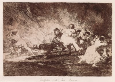 GOYA Y LUCIENTES, Francisco de (1746-1828). Ne pakenevat liekkien läpi. 1810-1812. (16,1 x 23,3 cm). Levy 47 "The Disasters of War". Etsaus. ESPANJA. MADRID (AUTONOMOUS YHTEISÖ). Madrid. Kansalliskirjasto tekijältä Francisco Jose de Goya y Lucientes