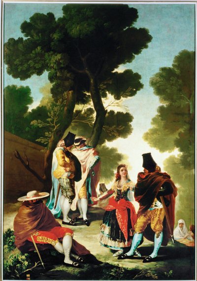 La maja y los Embozados - Maja ja viittamaiset miehet, pilapiirros kuvakudosta varten 40-06-09/42 ... (maalaus kankaalle) tekijältä Francisco Jose de Goya y Lucientes