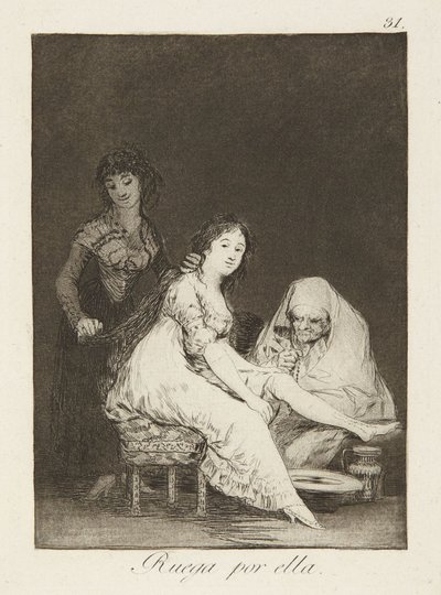 Rukoile hänen puolestaan (Hän rukoilee hänen puolestaan), laatta 31 sarjasta "Los Caprichos" tekijältä Francisco Jose de Goya y Lucientes