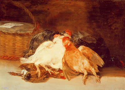 Asetelma kuolleilla kanoilla ja pajukori (öljy kankaalle) tekijältä Francisco de Goya