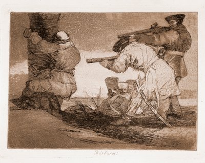 Sodan katastrofit: Barbaarit! (Kaiverrus valmistelupiirustuksen jälkeen tekijältä Francisco de Goya