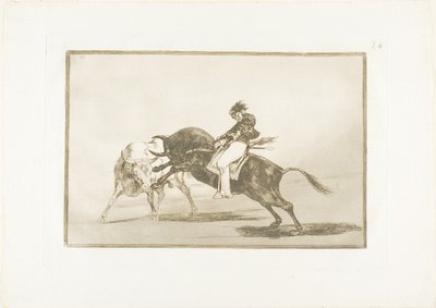 Sama Ceballos, asennettuna toiseen härkään, murtaa lyhyitä keihää kehässä Madridissa, levy 24 teoksesta The Art of Bullfighting tekijältä Francisco Jose de Goya y Lucientes