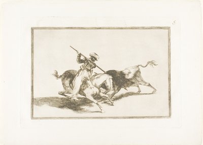 Hengellinen mauri Gazul on ensimmäinen, joka keihää sonnien sääntöjen mukaan, levy viisi teoksesta The Art of Bullfighting tekijältä Francisco Jose de Goya y Lucientes