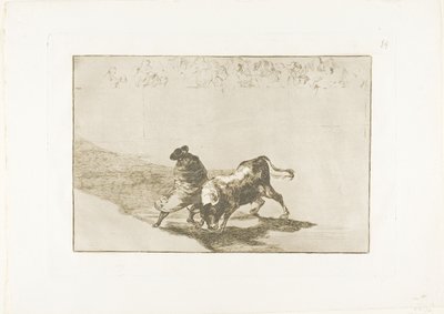 Erittäin taitava valheen oppija, viittaansa käärittynä, huijaa härkää ruumiillaan, levy 14 Härkätaistelun taidosta tekijältä Francisco Jose de Goya y Lucientes