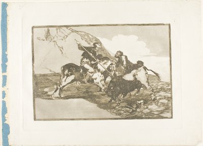 Tapa, jolla muinaiset espanjalaiset metsästivät härkää hevosen selässä avoimella maalla, levy yksi kirjasta Härkätaistelun taide tekijältä Francisco Jose de Goya y Lucientes