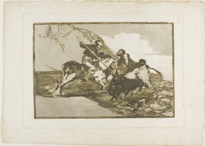 Tapa, jolla muinaiset espanjalaiset metsästivät härkää hevosen selässä avoimella maalla, yksi levy Härkätaistelun taidosta tekijältä Francisco Jose de Goya y Lucientes