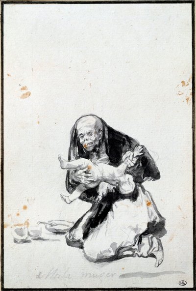 Paha nainen (Mala mujer). Paha nainen. Antropofagian kohtaus, noita nielee lapsen. Harmaa pesu, Francisco Goya y Lucientes (1746-1828) Sun. 0,21 x 0,14 m Pariisi, musee du Louvre tekijältä Francisco de Goya