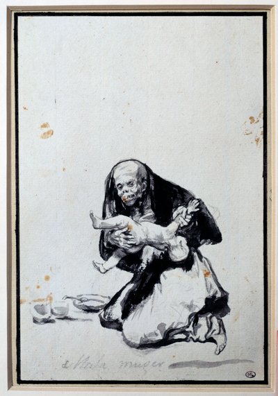 Väärä nainen antropofagiakohtaus, noidalla on lapsi. Harmaa pesu, Francisco Goya y Lucientes (1746-1828) Sun. 0,21 x 0,14 m Pariisi, musee du Louvre tekijältä Francisco de Goya