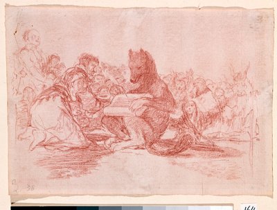 War Destres: "Tämä on pahin"". Espanjan Ferdinand VII:n monarkian kannattajien edustus eläiminä. Valmistelupiirros punaisella kynällä Francisco de Goya y Lucientesin (1746-1828) etsaukseen n.74. 1810-1812. Madrid. Pradon museo tekijältä Francisco de Goya