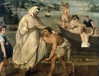 Pyhä Pietari Nolasque (1189-1256) lähtee vapauttamaan maurilaisten merirosvojen panttivankeina pitämiä kristittyjä vankeja myydäkseen orjiksi Afrikassa (maalaus) tekijältä Francisco Pacheco