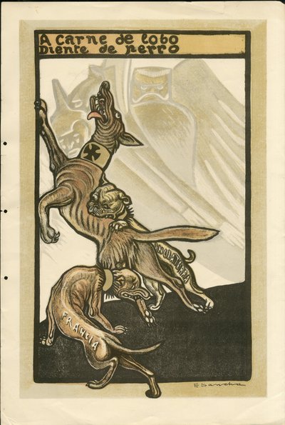 Kuva Francisco Sancha Lengosta (1874-1936) - Lentävä lehti, noin 1915 - A carne de lobo diente de perro - Sota 14-18, Saksa Preussi, Englanti Iso-Britannia, Sotamiehet ja symbolit, Ranska, espanjan kieli, ulkomainen lehdistö - William II, Koira, Hid tekijältä Francisco Sancha y Lengo