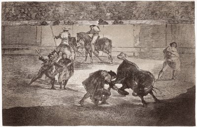 Härkätaistelu: härkätaistelija tulee areenalle tappamaan härän hatulla muletin sijaan tekijältä Francisco de Goya