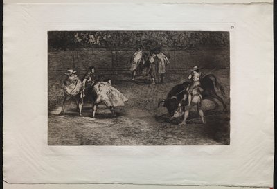 Härkätaistelut: Härkätaistelija assistentin harteille, keihäs härkä tekijältä Francisco de Goya