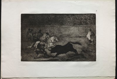 Härkätaistelut: Espanjalainen ratsu ritari murtaa lyhyitä keihäitä avustajien avulla, 1876. tekijältä Francisco de Goya