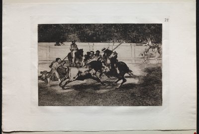 Härkätaistelut: Voimakas Rendon puukottaa härän Piquen kanssa, josta hän kuoli kehässä Madridissa tekijältä Francisco de Goya