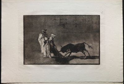 Härkätaistelut: maurit pelaavat eri tavalla kehässä kutsuen härkää palavien kanssa tekijältä Francisco de Goya