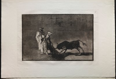 Härkätaistelut: maurit leikkivät eri tavalla kehässä ja kutsuvat härkää palavien kanssa, 1876. tekijältä Francisco de Goya