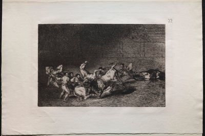 Härkätaistelut: Kaksi Picador-joukkuetta, jotka yksi härkä heittää peräkkäin tekijältä Francisco de Goya