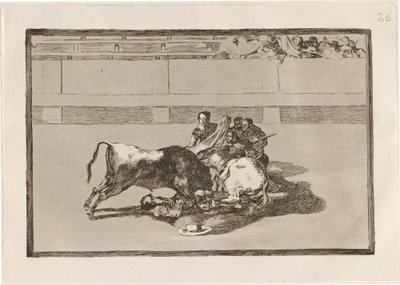 Picador putoaa hevosestaan ​​härän alle (Picador on hevoston ja putoaa härän alle) tekijältä Francisco de Goya