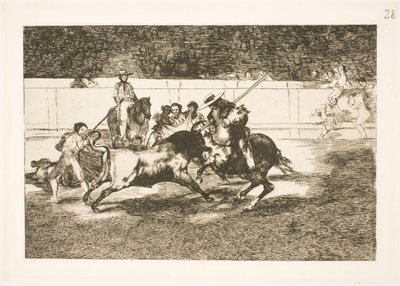Voimakas Rendon keihäät härän, syöksyn, joka aiheutti hänen kuolemansa Madridin areenalla tekijältä Francisco de Goya
