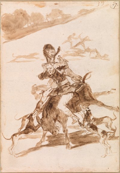 Koirat jahtaavat kissaa miehellä aasin selässä tekijältä Francisco de Goya