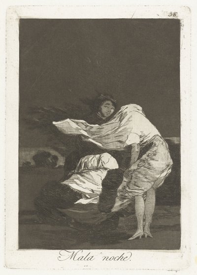 huono yö Mala noche (otsikko esineessä) Los Caprichos (sarjan nimi) tekijältä Francisco de Goya