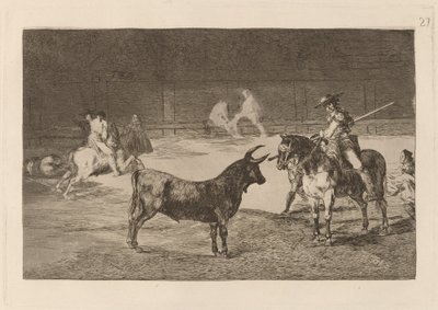 Juhlattu Fernando del Toro, barilarguero, pakottaa pedon sauvallaan (Julistettu Picador, Fernando del Toro, vetää kiihkeän pedon päälle Piquellään) tekijältä Francisco de Goya