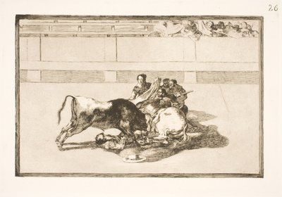 Picador sinkoutuu hevosesta ja törmää härän alle tekijältä Francisco de Goya