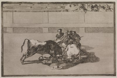 Picador sinkoutuu hevosesta ja törmää härän alle tekijältä Francisco de Goya