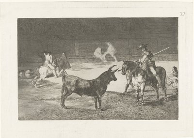 Fernando del Toro daagt een stier uit Kuuluisa Fernando del Toro, barilarguero, pakottaa pedon sauvallaan Härkätaistelut (sarjan nimi) Stierenvechten (sarjan nimi) tekijältä Francisco de Goya