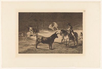 Fernando del Toro daagt een stier uit Kuuluisa Fernando del Toro, barilarguero, pakottaa pedon sauvallaan Stierengevechten (sarjan nimi) La Taureamachie (sarjan nimi) Härkätaistelut (sarjan nimi) tekijältä Francisco de Goya