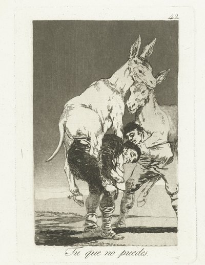 Sinä, joka et enää jaksa Tu que no puedes (otsikko esineessä) Los Caprichos (sarjan nimi) tekijältä Francisco de Goya