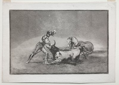 La Tauramaquia: Espanjalainen ritari tappaa härän menetettyään hevosensa, 1815-1816. tekijältä Francisco de Goya