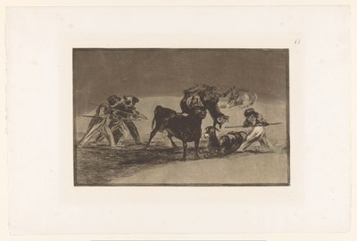 Maurit ja aasit taistelevat härän kanssa Palenque de los Moros hecho con burros para defendere del toro embolado Härkätaistelut (sarjan nimi) La Taureaumachie (sarjan nimi) La Tauromaquia (sarjan nimi) tekijältä Francisco de Goya
