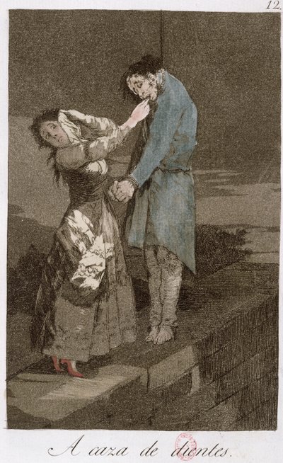 Hampaiden metsästys, "Los caprichos" -levy 12, 1700-luvun loppu (värillinen etsaus) (katso myös 81631) tekijältä Francisco de Goya