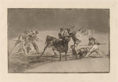 Palenque de los moros hecho con burros para defendere del toro embolado (maurit käyttävät aaseja esteenä puolustaakseen itseään härkää vastaan, jonka sarviin on tippunut palloja) tekijältä Francisco de Goya
