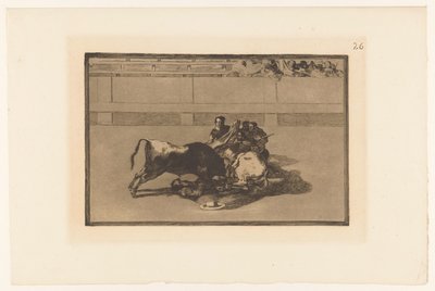 Picador putosi hevosestaan Caida de un picador de su caballo debajo del toro Härkätaistelut (sarjan nimi) La Taureaumachie (sarjan nimi) La Tauromaquia (sarjan nimi) tekijältä Francisco de Goya
