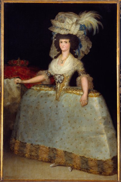Muotokuva Espanjan kuningatar Mary Louisesta (1751-1819), Kaarle IV:n vaimo Francisco de Goyan maalaus (1746-1828) 1828 Madrid, Pradon museo - Espanjan kuningatar Marie Louisen (1751-1819) täyspitkä muotokuva , Kaarle IV:n vaimo. Maalaus Francisco d tekijältä Francisco de Goya