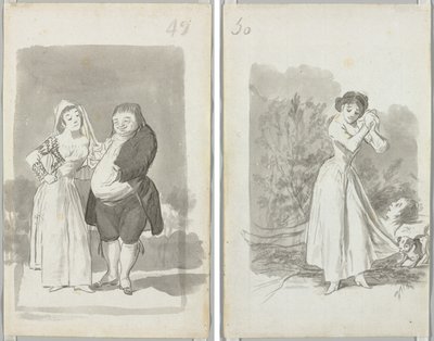Prostituoitu, joka pyytää lihavaa, rumaa miestä (recto); Nuori nainen vääntelemässä käsiään miehen alaston vartalon päällä (käänteinen) tekijältä Francisco de Goya