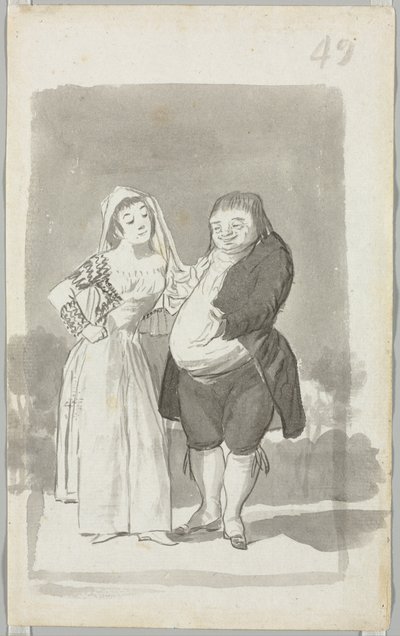 Prostituoitu pyytää lihavaa, ruma mies, nuori nainen vääntelemässä käsiään...verso, 1796-97. tekijältä Francisco de Goya