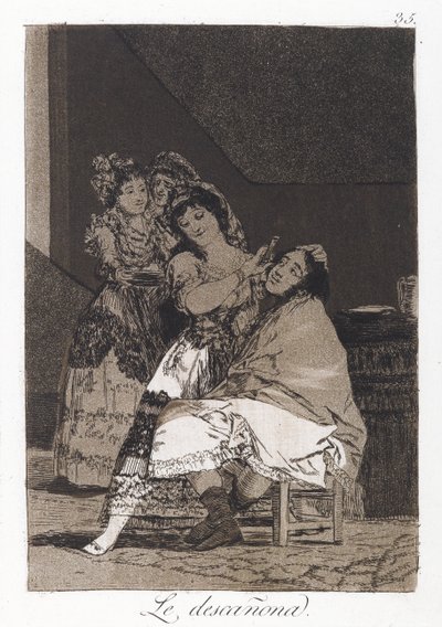She Fleeces Him (Le descanona), levy 35, Los Caprichos, n. 1797-1798 (etsaus ja akvatinta paperilla) tekijältä Francisco de Goya