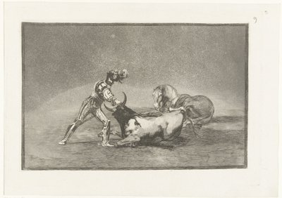 Spanse rider doody stierillä Espanjalainen ritari tappaa härän menetettyään hevosensa Stierenvechten (sarjan nimi) Härkätaistelut (sarjan nimi) tekijältä Francisco de Goya