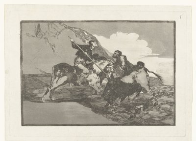 Stierenjacht et paard Manera can que els antics Espanyols caçaven els toros á cavall al camp Stierenvechten (sèries title) La Tauromàquia (sèries title)finnish tekijältä Francisco de Goya