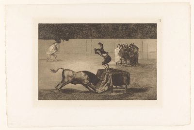 Härkätaistelija seisoo pöydällä areenalla Otra locura suya ja la misma plaza Härkätaistelut (sarjan nimi) La Taureaumachie (sarjan nimi) La Tauromaquia (sarjan nimi) tekijältä Francisco de Goya
