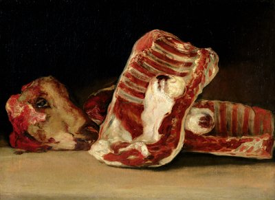 Lampaan kylkiluiden ja pään asetelma - Teurastajan laskuri tekijältä Francisco de Goya