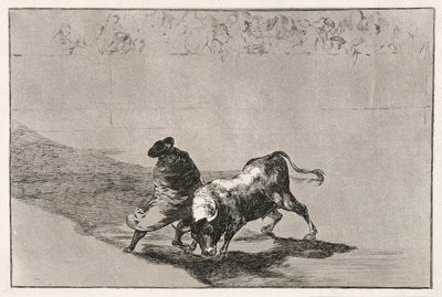 Taitava valheiden oppilas raivostuttaa härän liikkumalla viittaansa käärittynä, 1814-16 tekijältä Francisco de Goya