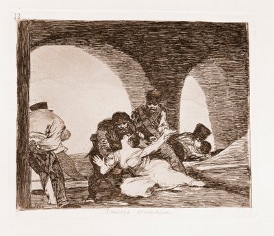 The Disasters of War : Mies todistamassa vaimonsa raiskausta (etsaus alustavasta piirustuksesta tekijältä Francisco de Goya