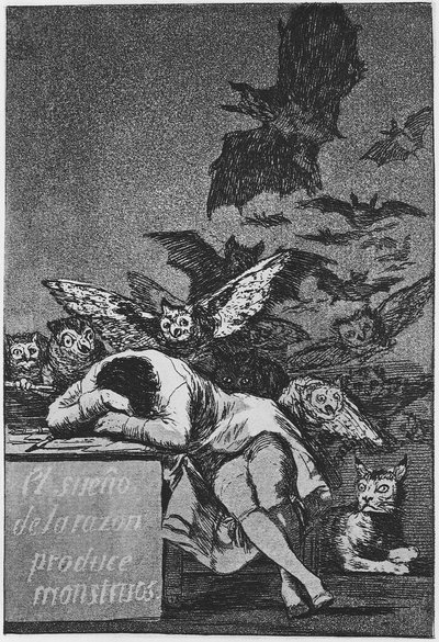 Järjen uni tuottaa hirviöitä. Capricho nro 43, 1797-1798 tekijältä Francisco de Goya