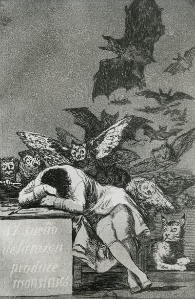 Järjen uni tuottaa hirviöitä "Los Caprichosista" (kaiverrus) (bw-kuva) (katso myös 81662) tekijältä Francisco de Goya